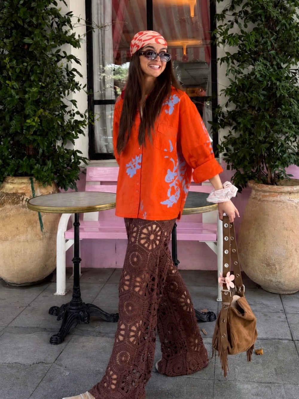 Tory Burch Printed 3/4 Sleeve Button Up Top Shirt Orange Oversized